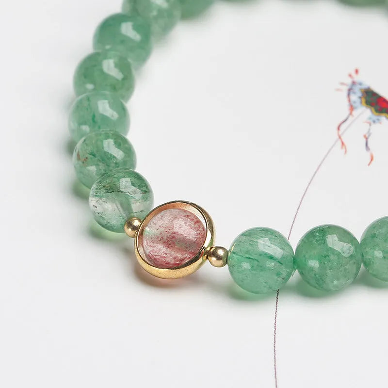 Green strawberry quartz bracelet with hand-woven 7.5mm beads and Chinese auspicious patterns