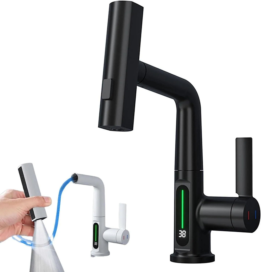 Modern pull-out kitchen faucet with digital temperature display on a black finish, showing extended hose.
