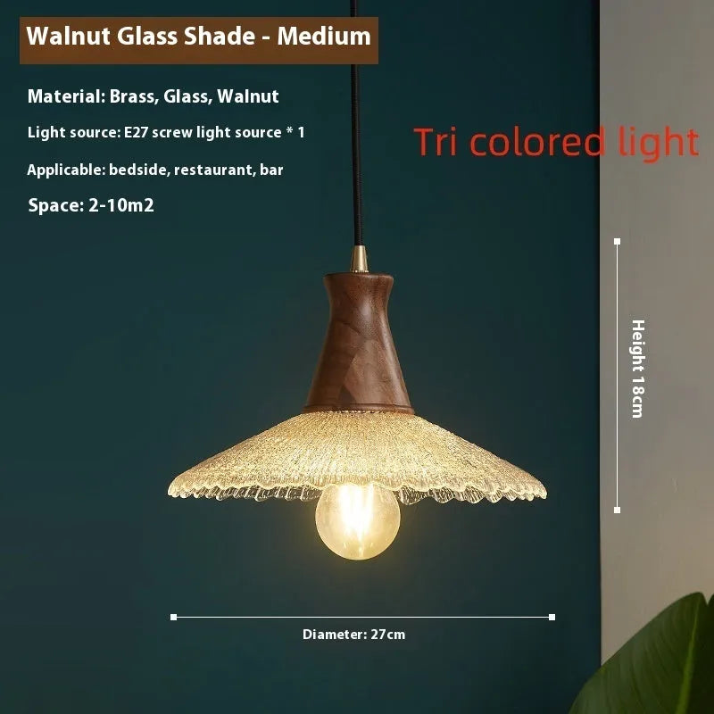 Retro brass and glass chandelier with solid wood body in three size options