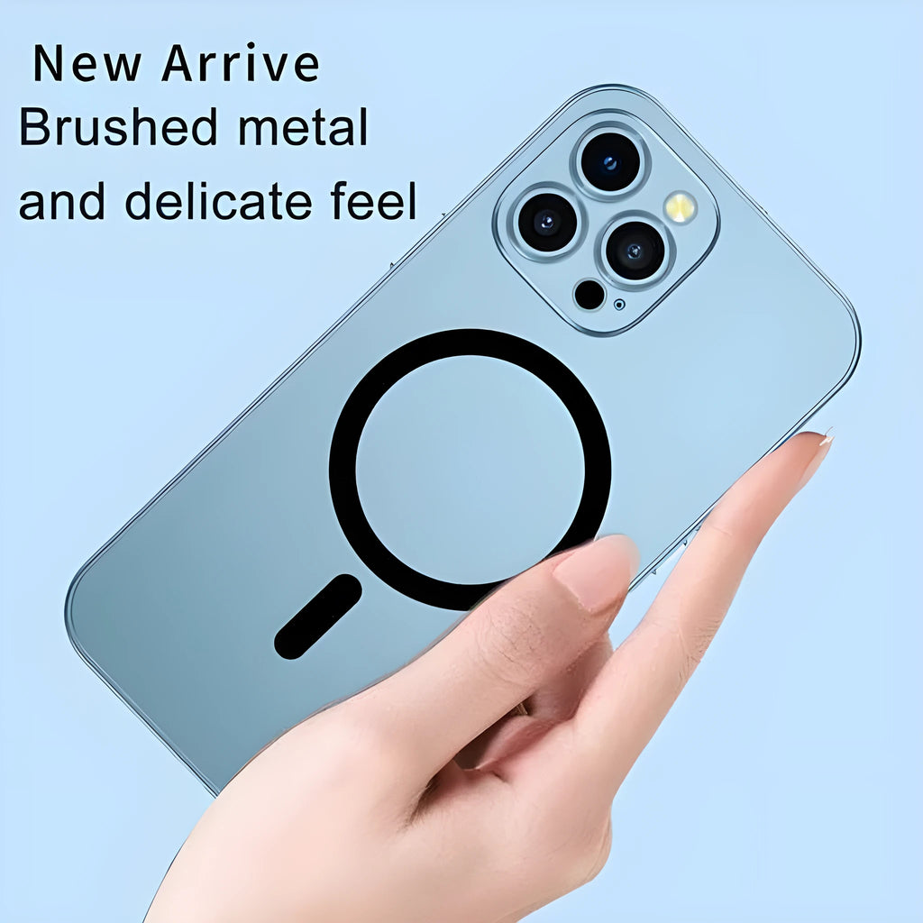 Aluminium alloy frame iPhone protective case with magnetic nickel piece, shown in dark purple colour.