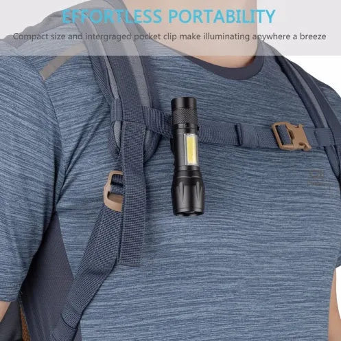 Black aluminium telescopic zoom LED flashlight with clip, shown zoomed in and out.