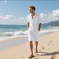 Man's short sleeve linen blend shirt and matching shorts in Army Green, laid flat.