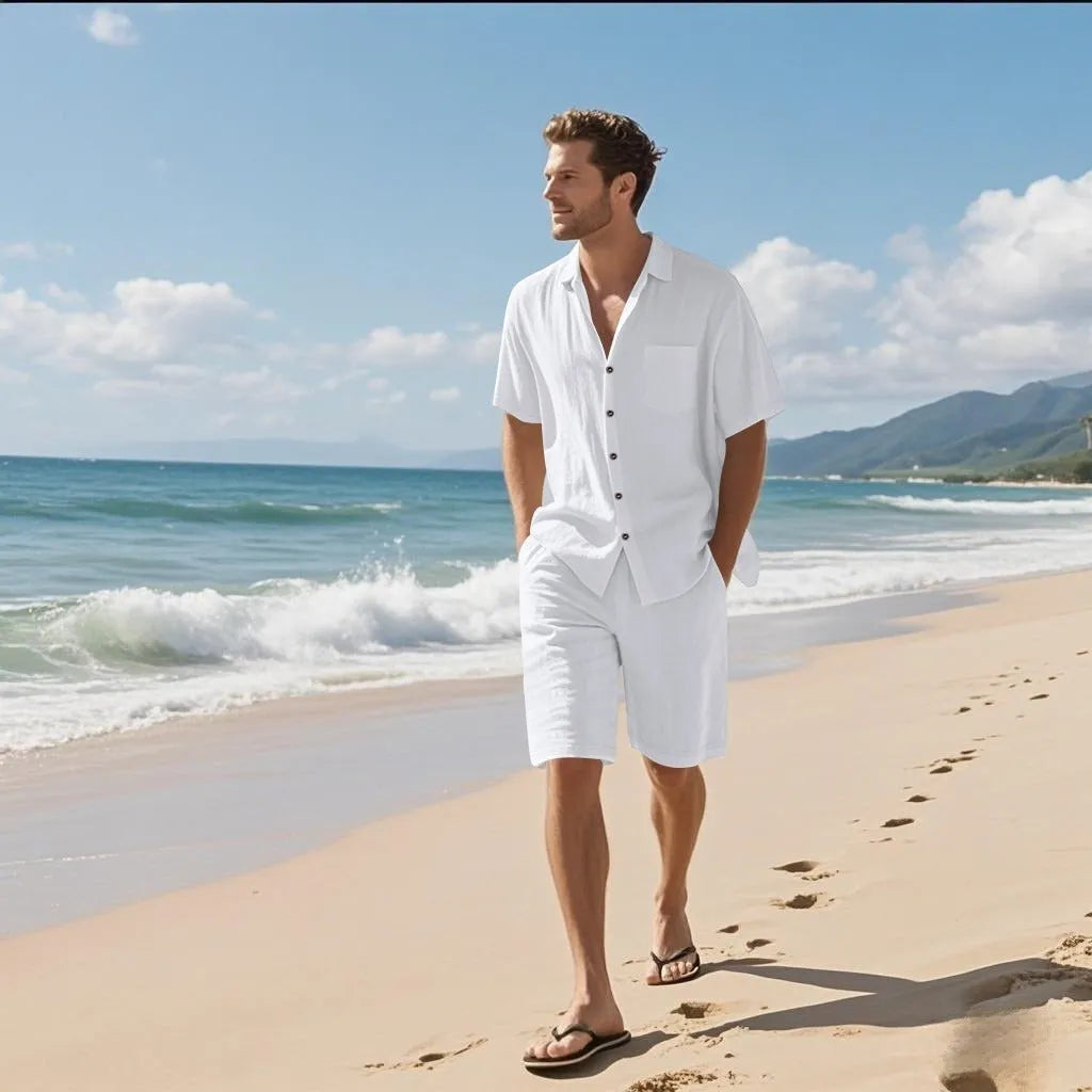 Man's short sleeve linen blend shirt and matching shorts in Army Green, laid flat.