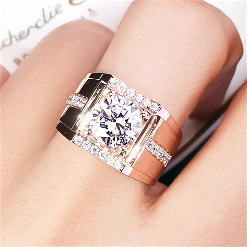 Men's adjustable imitation moissanite ring with diamond zircon design in three electroplated colour options