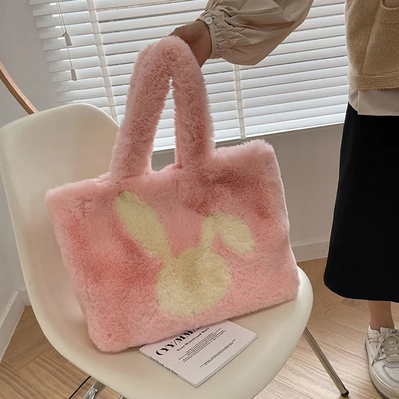 Cartoon rabbit ears plush shoulder shopping bag in solid colour with large capacity