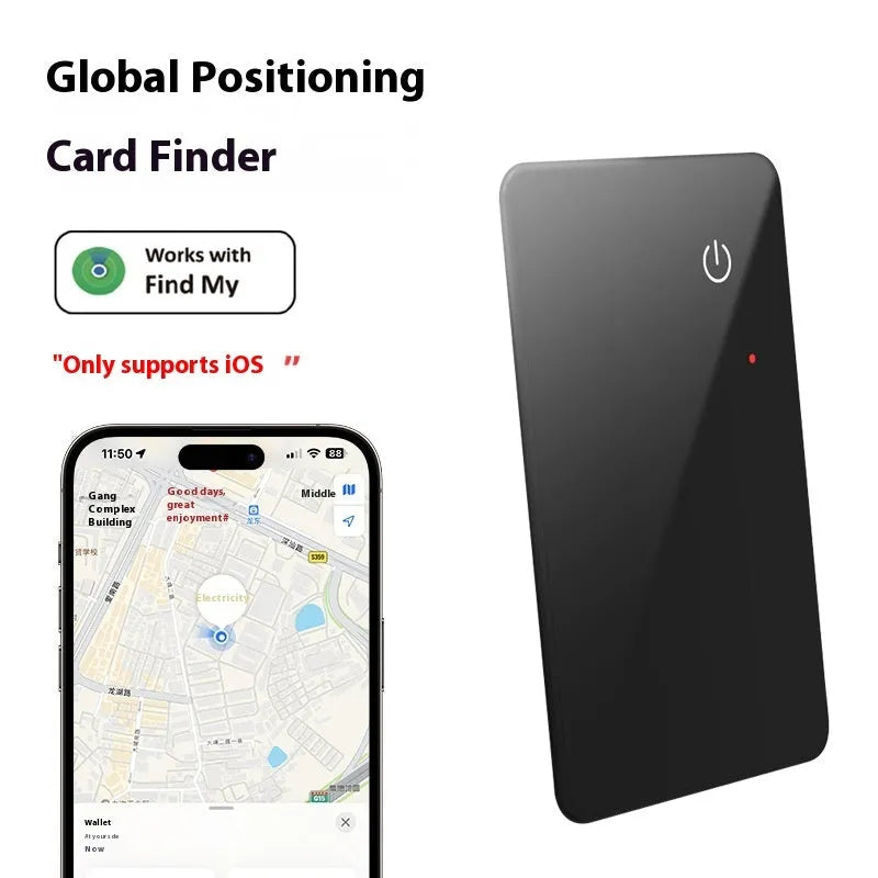 Black credit card-sized pet tracker with wireless charging and a hanging hole, shown next to a coin for scale.