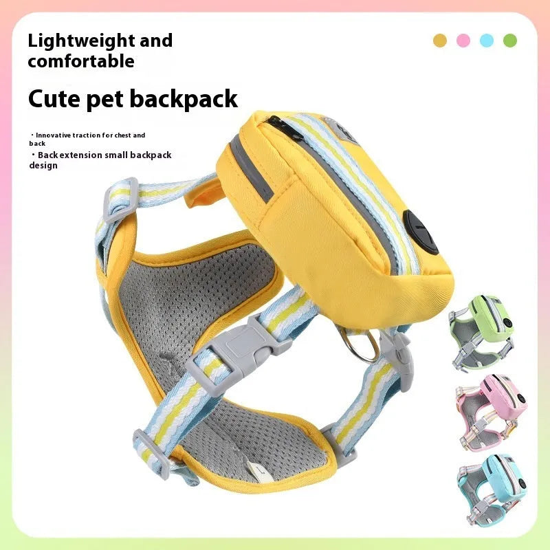 Explosion-proof anti-strangulation dog harness and leash in Oxford cloth, shown in assorted colours.