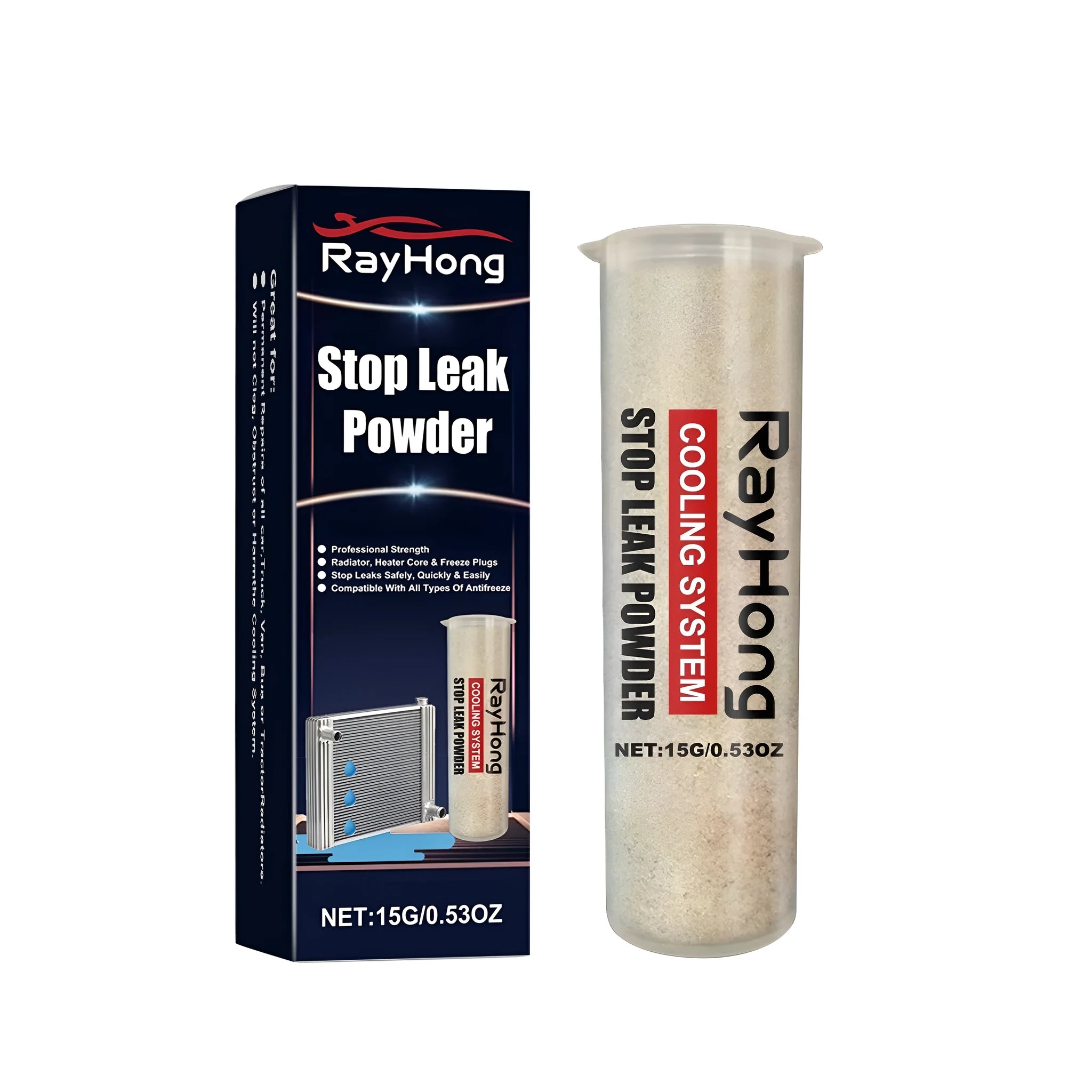 A single cylindrical plastic container of stop leak powder for car radiator and engine repairs.