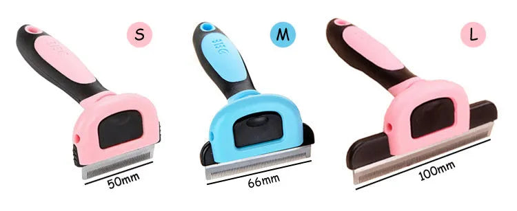 Pet hair removal comb for long straight hair, available in blue or pink, sizes S M L.