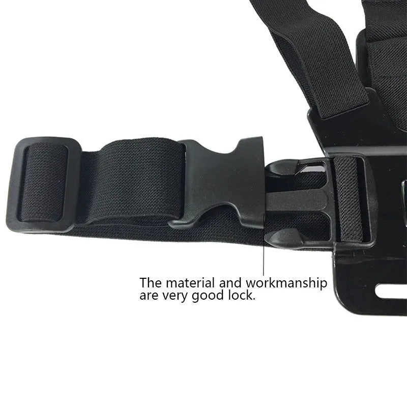 Black mobile phone chest mount harness on torso with adjustable straps and phone clip