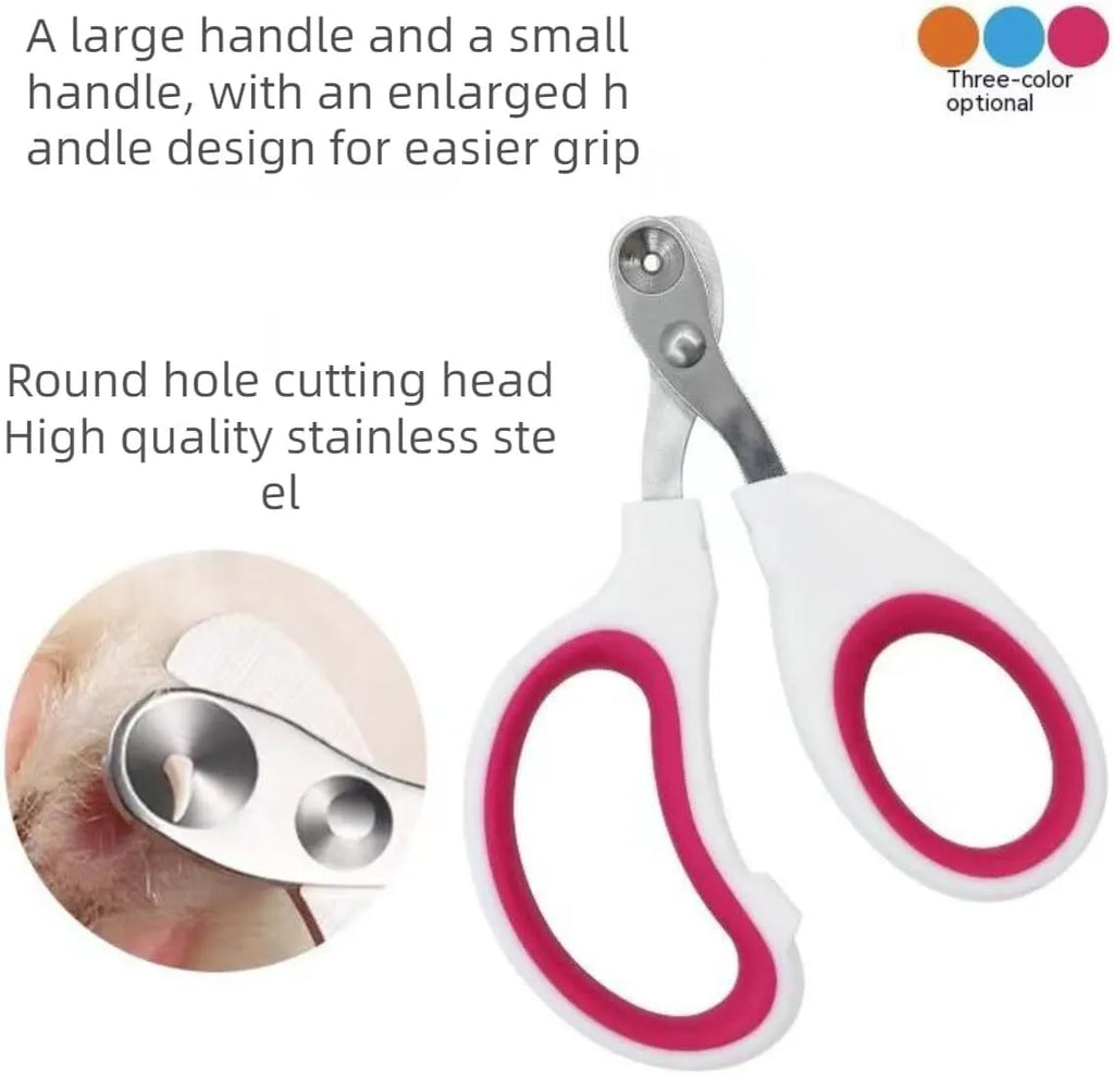 Blue pet nail clippers with a circular guide hole and cushioned handles on a white surface.