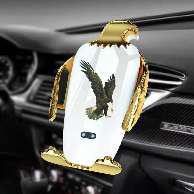 Eagle design car phone holder with wireless charging base in black and gold colour option