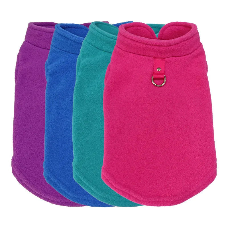 A solid-colour polar fleece dog waistcoat shown in one of nine available colours, sized for a medium dog.