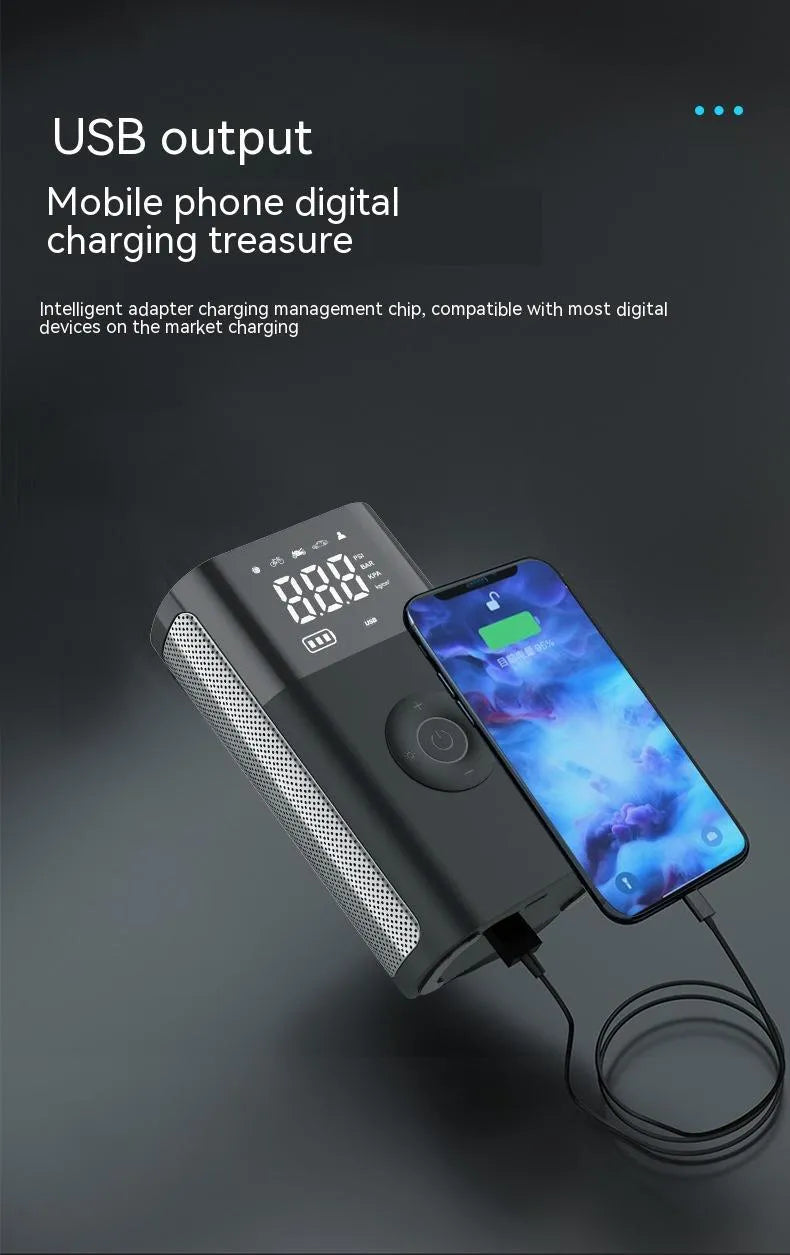 Wireless handheld digital tyre inflator with LCD screen, pressure gauge, and assorted nozzle attachments on a black background.