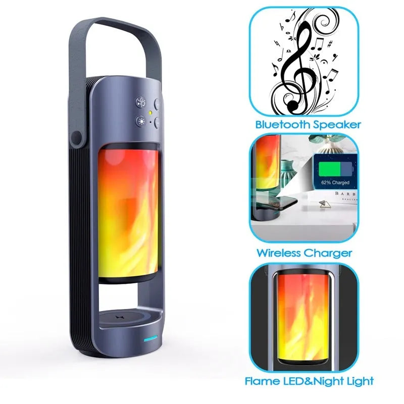 Portable Bluetooth speaker with yellow dancing flame light effect showing wireless charging surface