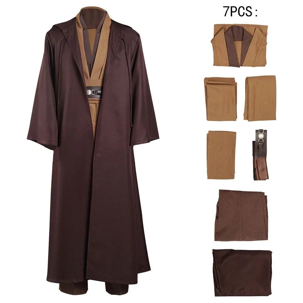 Polyester men's Halloween cosplay cardigan robe in brown with long sleeves and crepe-pressed texture