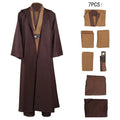 Polyester men's Halloween cosplay cardigan robe in brown with long sleeves and crepe-pressed texture