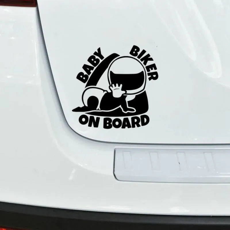 Black and white BABY ON BOARD reflective car sticker measuring 14.5 by 15 centimetres