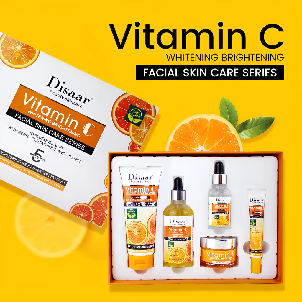 Vitamin C skin care product set with five hydrating and moisturising facial bottles in coordinating colour scheme