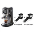 Dark gray household espresso coffee machine with stainless steel oiled plastic body and steam froth wand