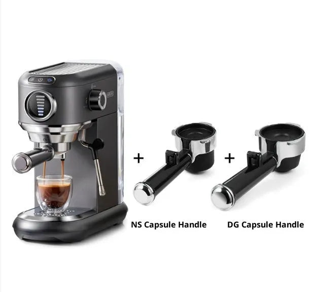 Dark gray household espresso coffee machine with stainless steel oiled plastic body and steam froth wand