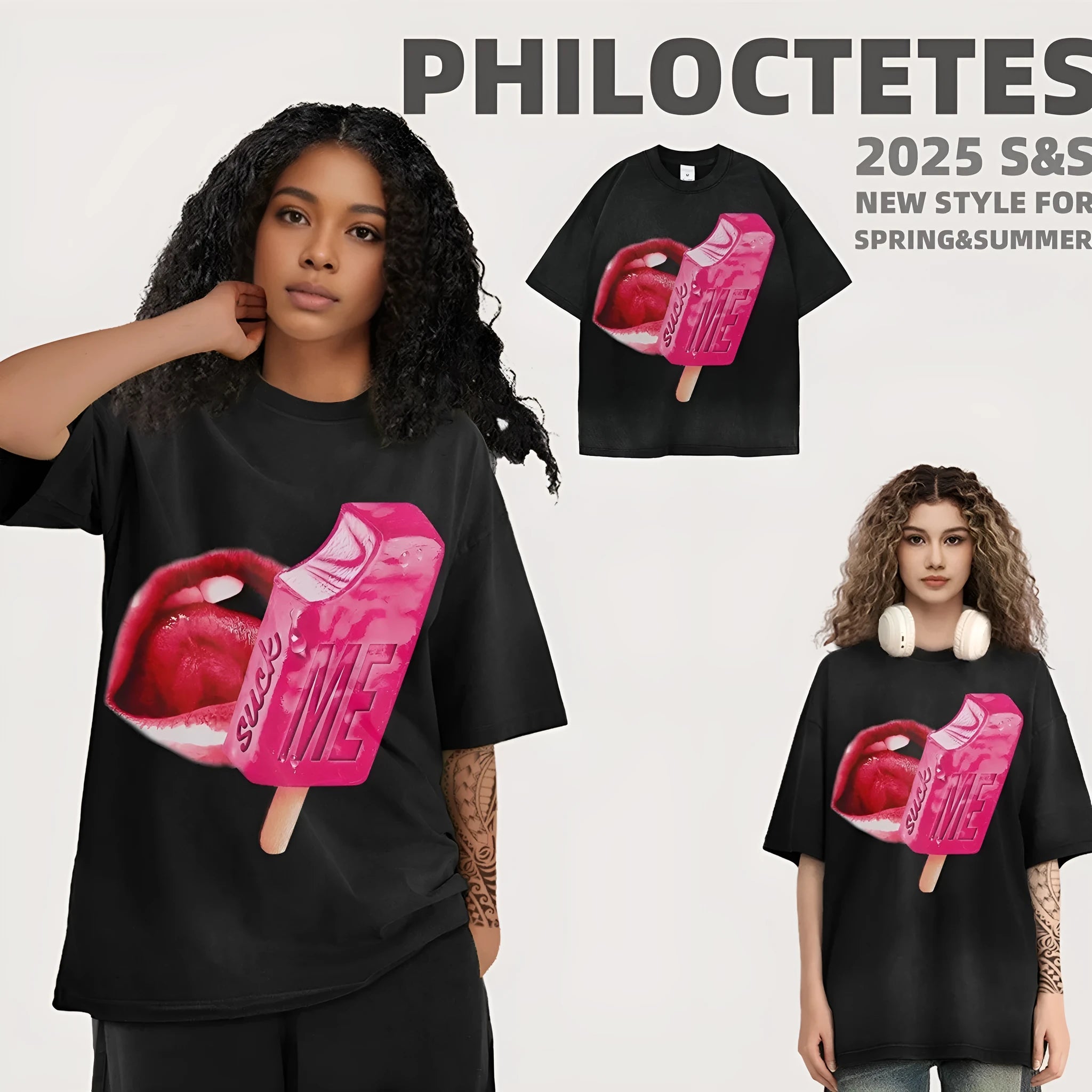Man and woman wearing a loose-fit, heavy washed cotton T-shirt with a cartoon graphic design in various colours.