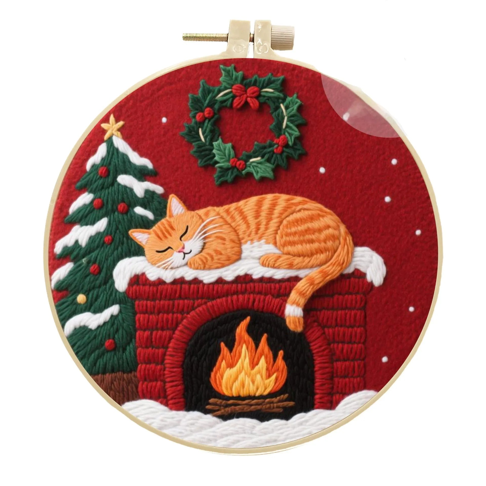 Cat-themed DIY embroidery kit showing Autumn Fruit pattern on cotton linen fabric with optional bamboo frame and scissors.