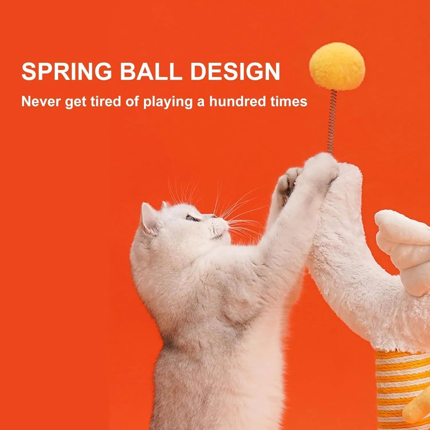 Tall yellow sisal cat scratching post with a spring ball on top and a sturdy wooden base.