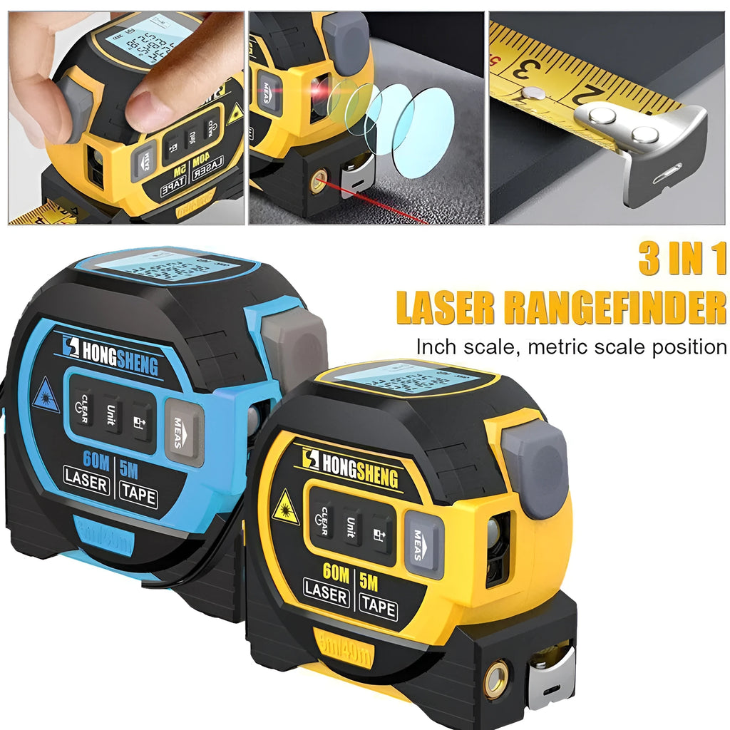 3-in-1 laser tape measure with 5m tape ruler and infrared rangefinder in blue