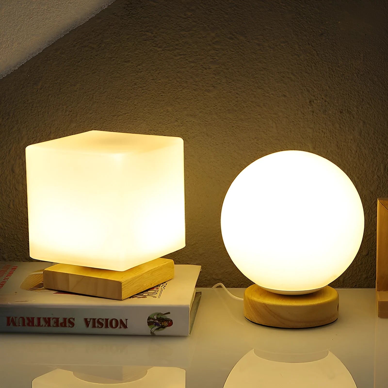 Nordic solid wood USB table lamp in cube shape with touch dimming for bedroom use