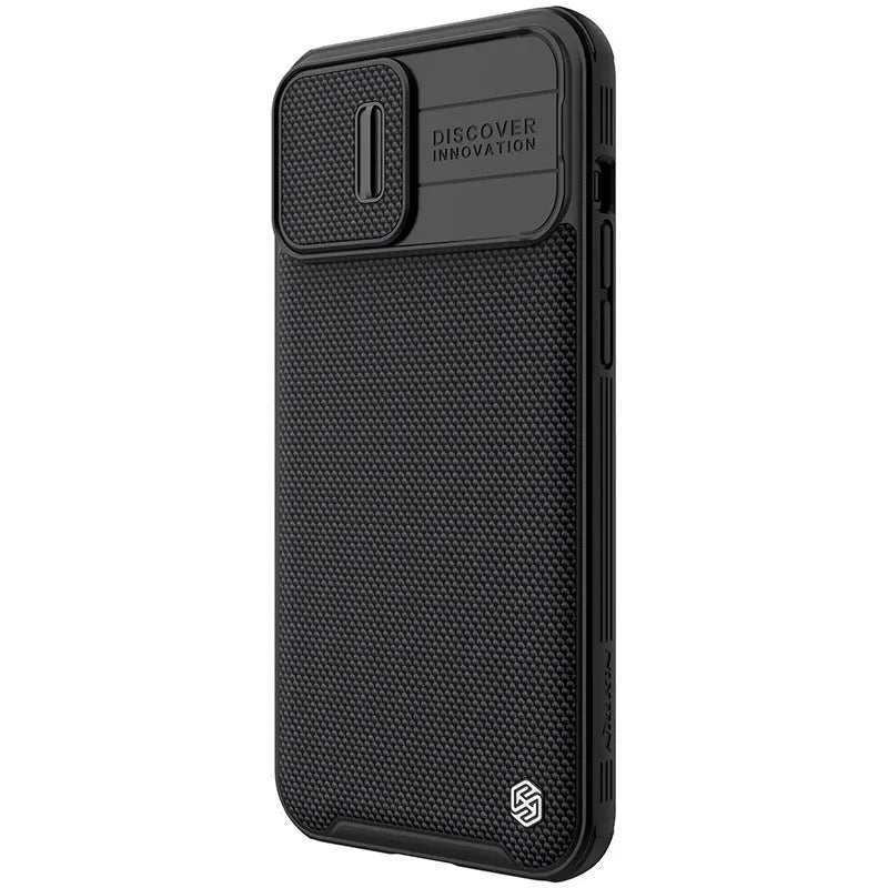 Black textured sliding phone case for Apple iPhone 13 Pro Max, shown from the back.