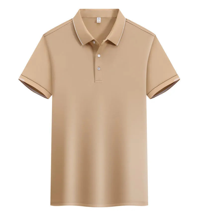 Loose fit cotton blend short sleeve polo shirt showing single-side colour secondary collar lapel detail.