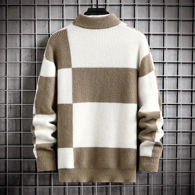Men's casual cardigan in colour block black with white collar, loose fit, thickened modal polyester fabric