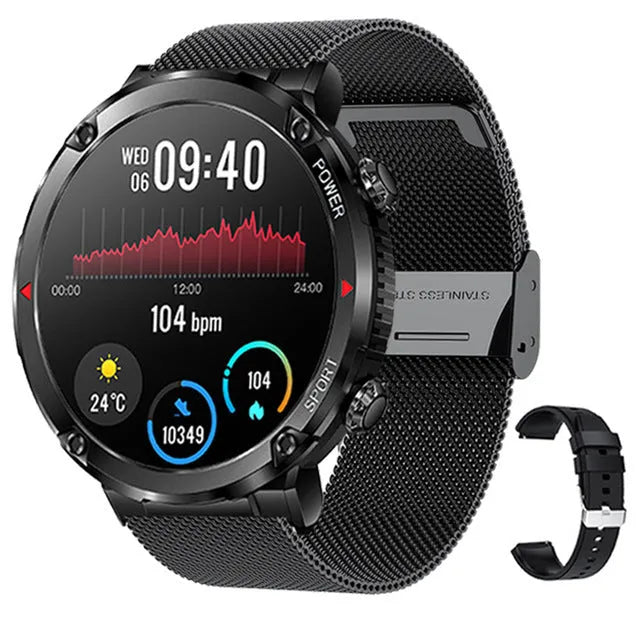 T30 Smart Watch with black silicone strap showing time and heart rate on its IPS screen.