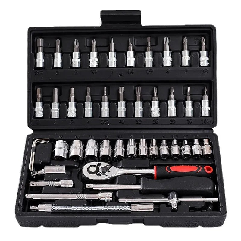 Socket ratchet wrench set with chromium vanadium steel tools and a reversible ratchet handle.
