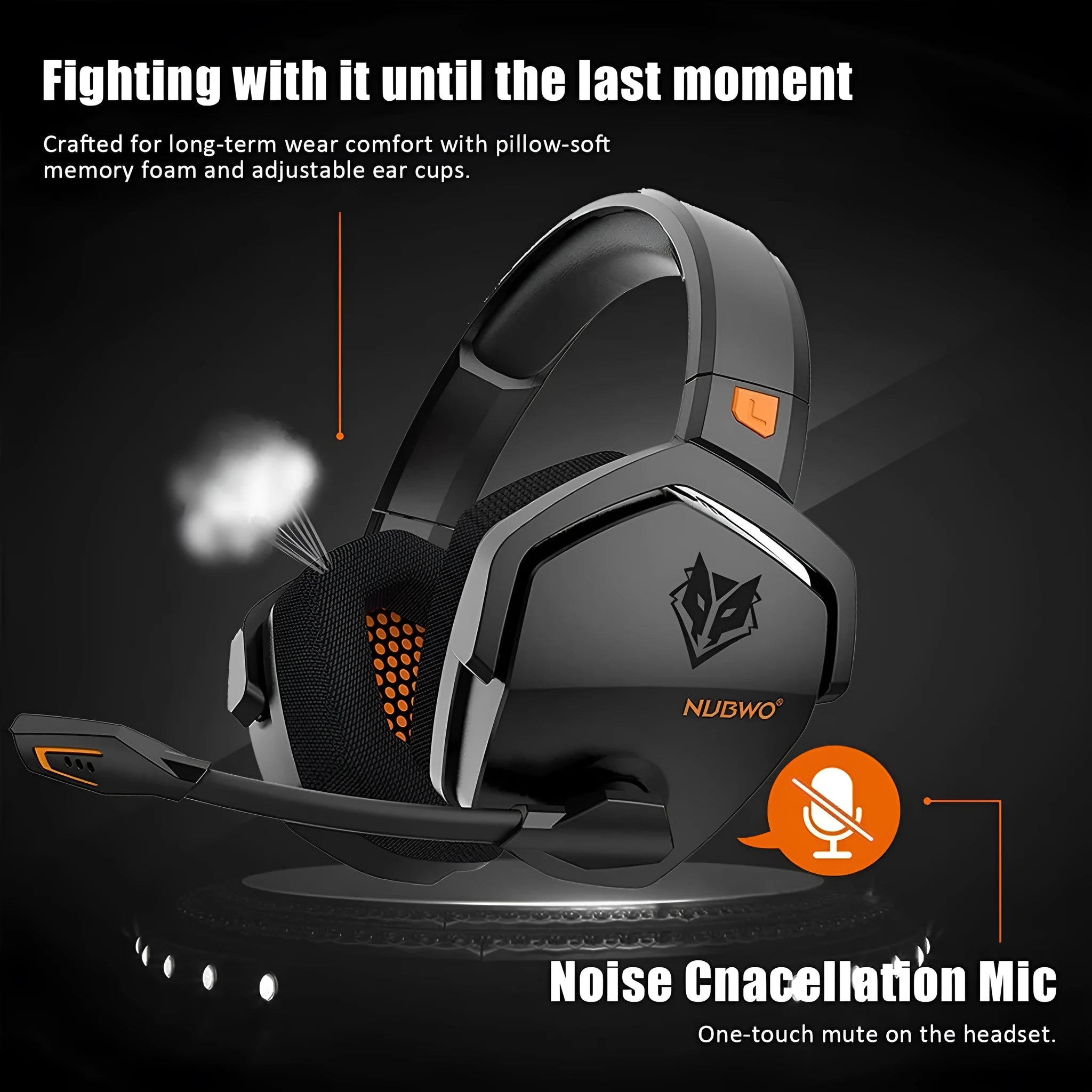 Black and orange wireless gaming headset with over-ear design and omnidirectional microphone
