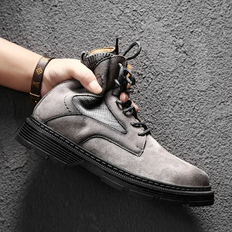 Men's vintage Martin boots in frosted microfiber leather with a round toe and low thick heel.