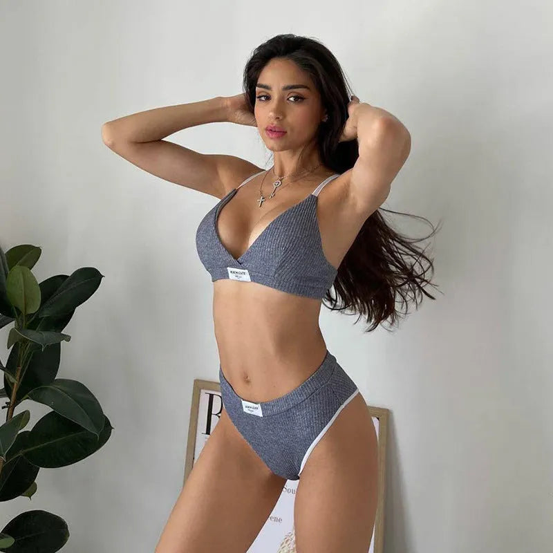 Women's embroidered contrast colour binding grey bikini underwear set with sleeveless top and short pants