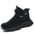JK7926 black steel toe labour safety shoes with high-top PVC upper and anti-skid rubber sole on a grey background