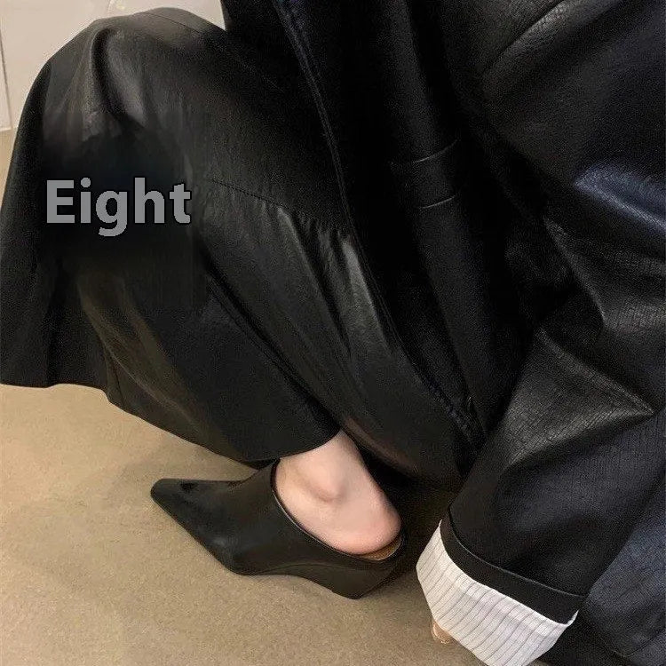 Women's closed toe slippers with wind wedge heel in black, milky white, and brown colour options