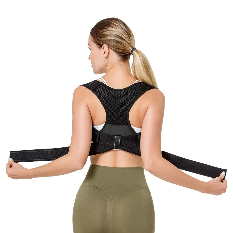 Black anti-humpback posture correction belt for open shoulder and high chest support.