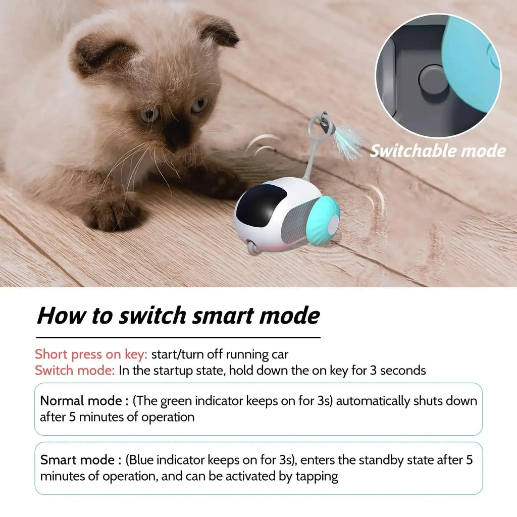 Blue smart cat toy car with feather teaser and remote control on a wooden floor