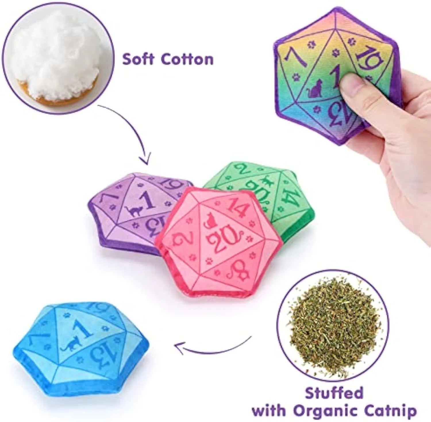 Blue dice-shaped catnip toy with dot markings on cube faces