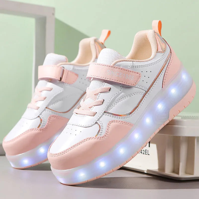 Children's LED flash roller skates in black, pink, purple, and white, showing 2-wheel and 4-wheel options.