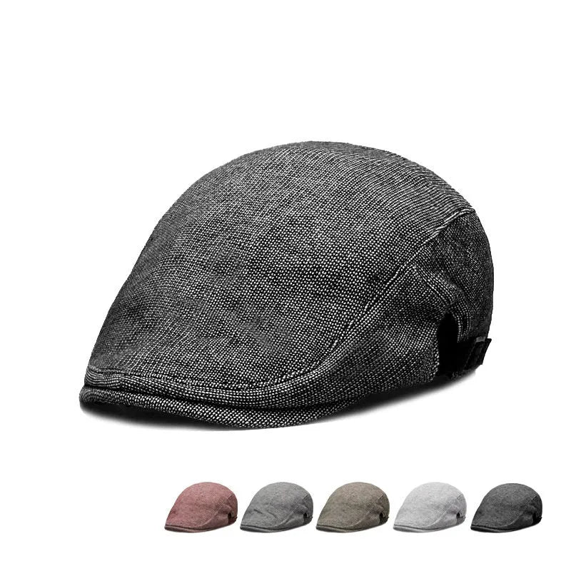 Men's adjustable cotton and linen beret in dome crown style on a neutral background