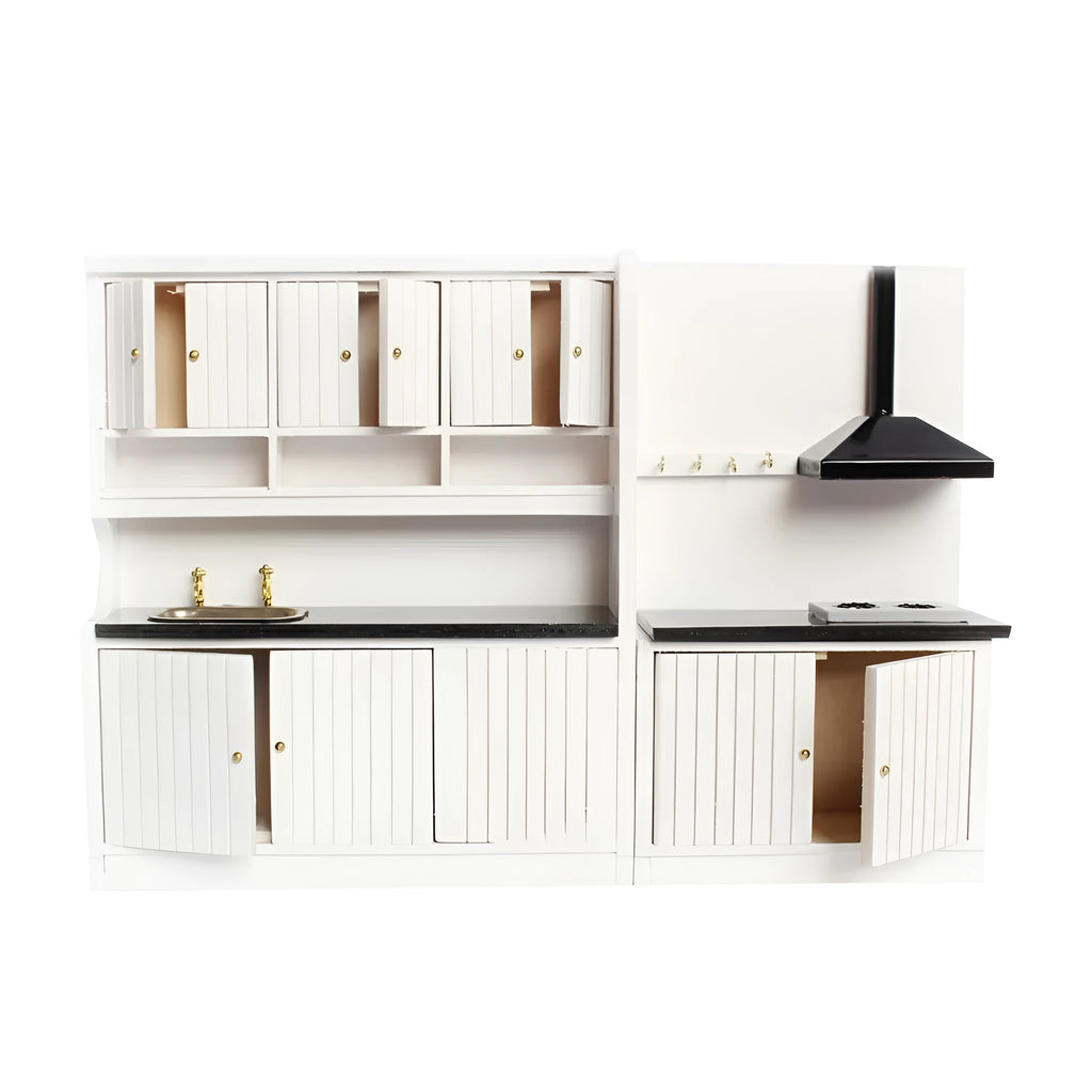 White two-piece dollhouse kitchen cabinets with working doors and metal handles on a birch wood body.
