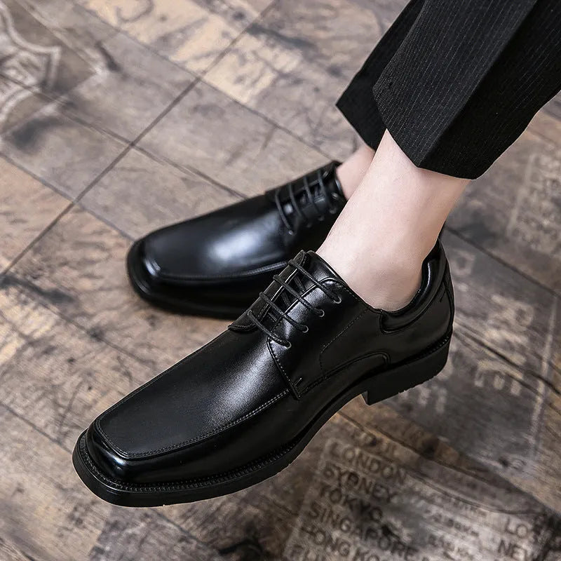 Men's black square toe low-top business casual leather shoes with rubber sole