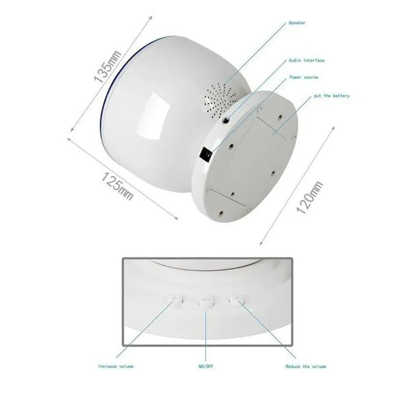 White and blue ocean wave projector LED night light with remote control, measuring 13x12x12 cm