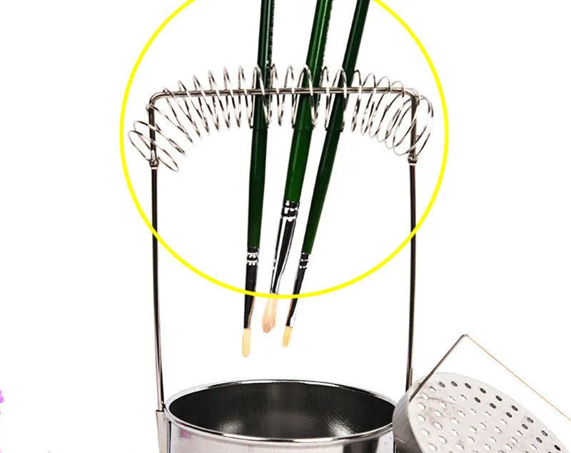 Silver stainless steel oil painting pen washer with a spring clip for holding brushes.