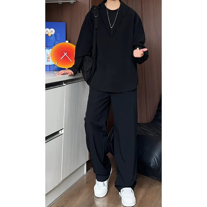 Men's black casual two-piece suit with long sleeve polo shirt and slim fit trousers